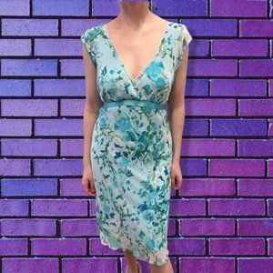 Wrapper Women Y2K80’s Floral Faux Wrap Midi Dress Sleeveless Green Blue SZ 7